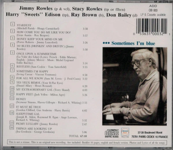 CD Jimmy Rowles Con Harry "Sweets" Edison, Ray Brown "A veces estoy feliz, a veces estoy triste" – photo 2